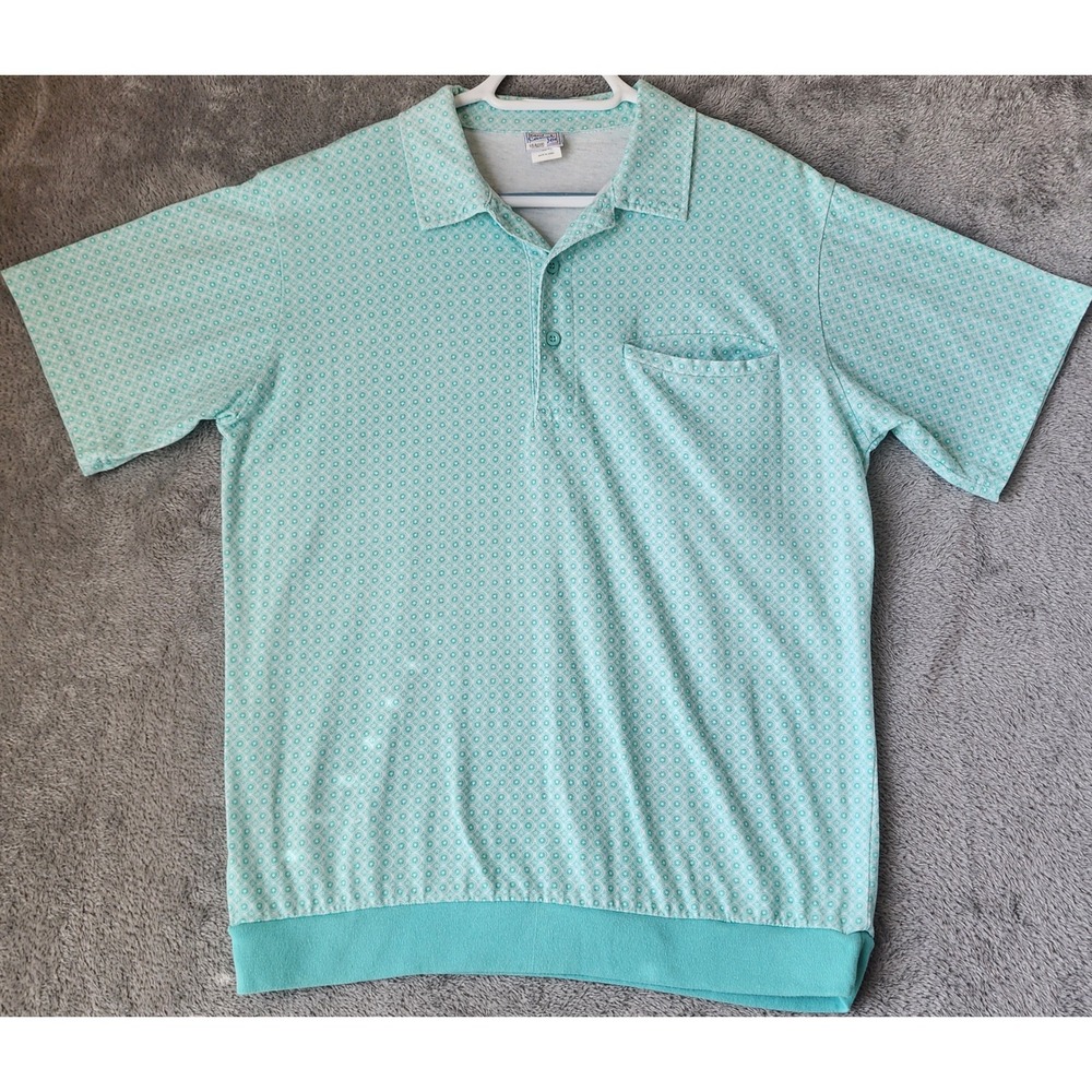 Haband Casual Joe Polo Mens Medium Teal Geometric Banded Bottom Short Sleeve